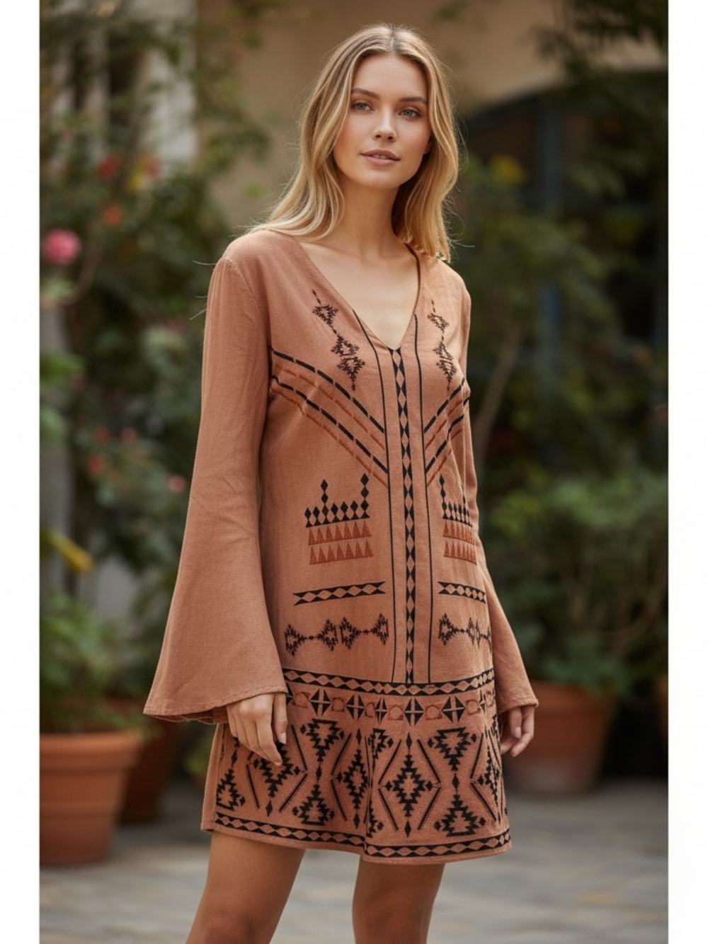 Lush Size Medium Tribal Aztec Dress Black Embroidery Bell Sleeve Boho Festival